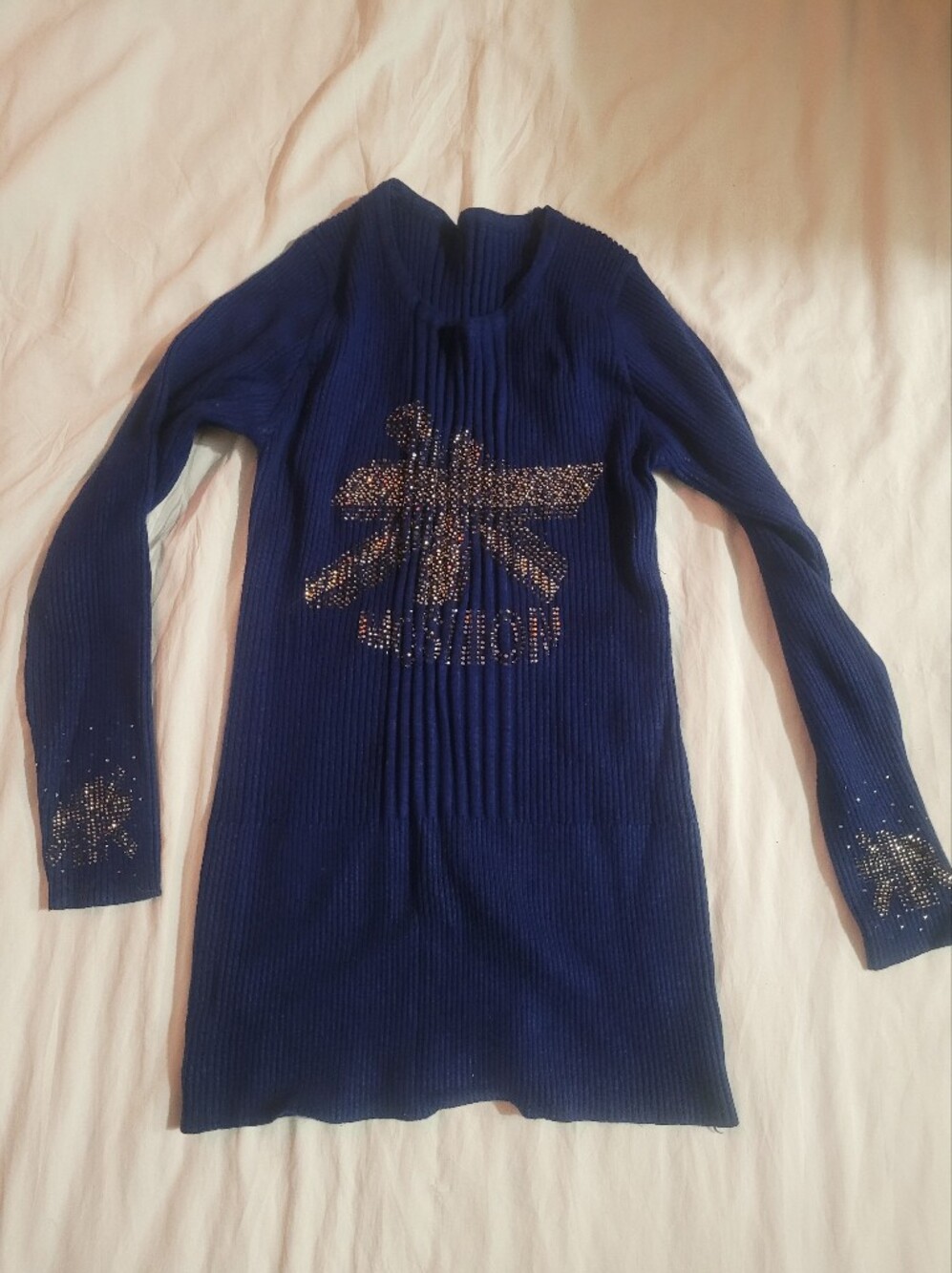 Navy Studded Angel Motif Ribbed Women's Sweater